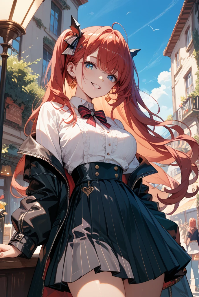 Highest quality,A perfect masterpiece,Perfect artwork,Official Works,8k,, Fashion Trends,High resolution,Detailed Expression,Octane Rendering,Ray Tracing,Intricate details,Animation lighting,One person、single、Anime Girls、Lively beautiful girl、Female student、orange long hair、Twin tails、Beautiful breasts、Uniform with emphasis on breasts、Pleated mini skirt、Fashion-coordinated variations