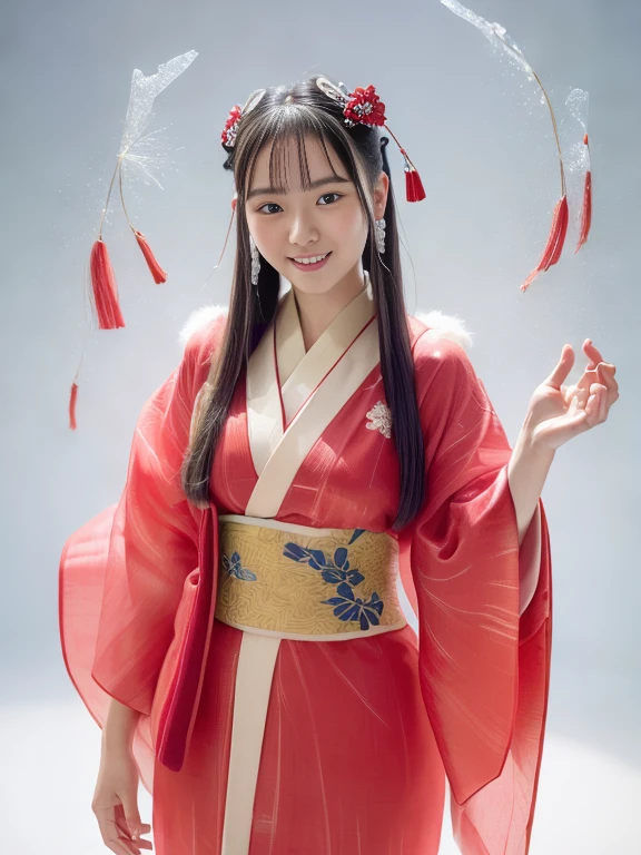 Woman in red and blue dress、in woods