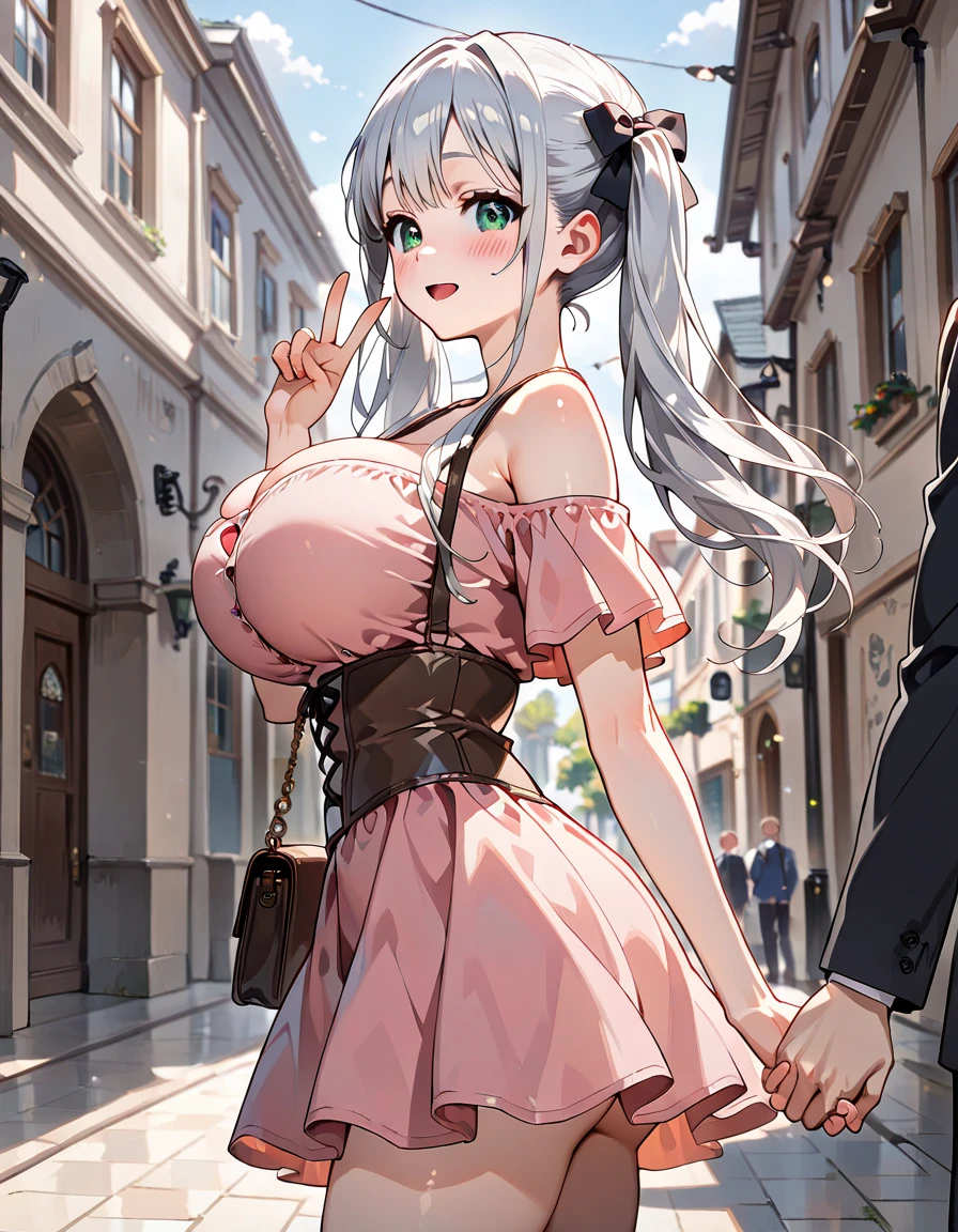 (masterpiece image, very detailed image, best high quality high definition image High very detailed Quality image, Very detailed high quality image), 1 solo character with multiple views
1 elf girl, absolute beauty, 35 years old, pale skin, white eyes, sexy beauty features, straight long white silver hair tied in a high ponytail with a black ribbon, voluptuous body, big breasts, round butt, beautiful legs, beautiful, smiling cheerful faces and happy, (wears a red short simple dress, yellow necklace, blue high heeled shoes, yellow pantyhose)
She's walking around a modern half medieval street city