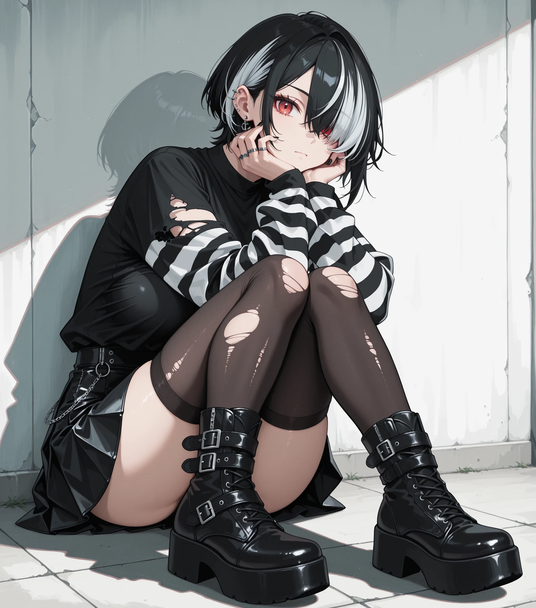 Anime goth girl with black hair and black lipstick, , wearing fishnet stockings, a very revealing shirt and pants, full body shot down to her toes, smiling on a white background.