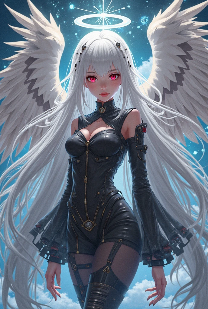 A superhero woman in a stylized black costume, angel wings, a mask covering her face, white hair, pale skin, and light-colored eyes, (best quality,4k,8k,highres,masterpiece:1.2),ultra-detailed,(realistic,photorealistic,photo-realistic:1.37),1girl,beautiful detailed eyes,beautiful detailed lips,extremely detailed eyes and face,longeyelashes,dramatic lighting,cinematic,dark moody atmosphere,intricate detailed costume,angelic wings,white hair,pale skin,light eyes,heroic pose,dynamic action,cinematic camera angle