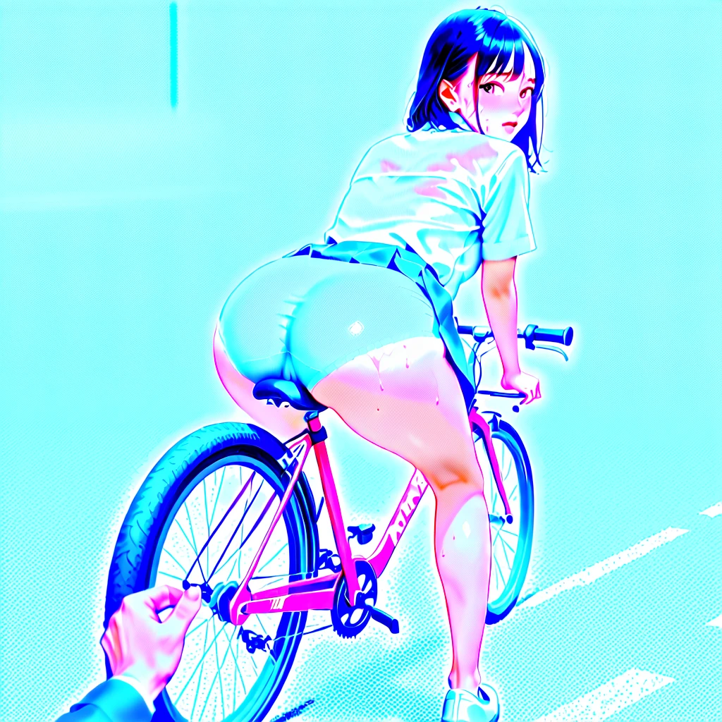 Creates a woman masturbating in public with a dildo in her anus