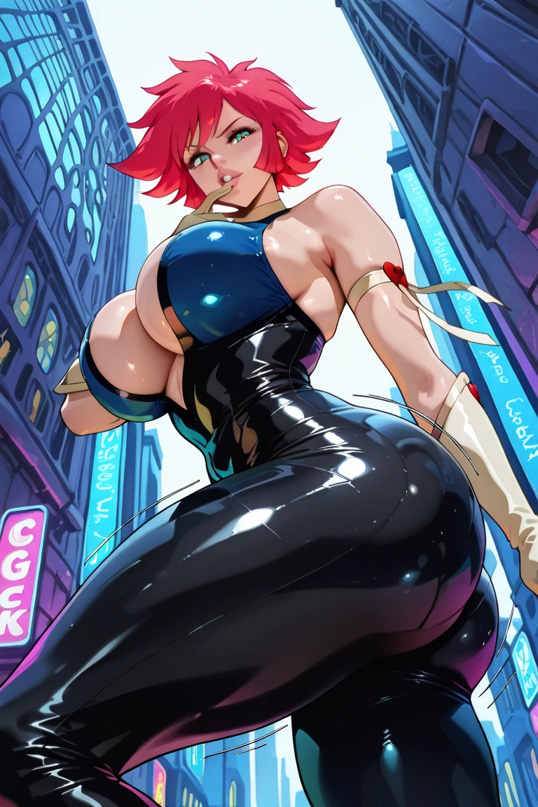 ((8k, RAW photos, top quality, masterpiece: 1.2), (realistic, photorealistic: 1.37), Natasha Romanoff, sexy, seductive, beautiful, big breasts, bared chest, (amazingly beautiful woman), Black Widow, red hair, (high angle shot: 1.2), ((Best Quality)), (Ultra-detailed), (extremely detailed CG unified 8k wallpaper), Highly detailed, High-definition raw color photos, Professional Photography, Natasha Romanoff, seductive pose, attractive, big tits, natural cleavage, shiny skin, ((full body shot: 