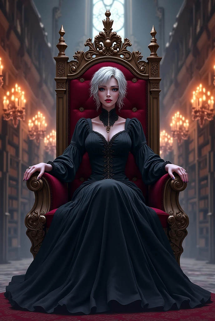 A masterfully crafted 3D render of an evil businesswoman sitting on a grand, ornate throne at the head of a long office table in a dimly lit room. The woman, with her mesmerizing beauty, exudes both power and darkness. Her outfit is a blend of luxurious materials used to make a scandalous risqué business suit, adorned with shimmering materials and intricate designs. Behind her, the stained glass windows cast a vivid Tyndall effect, with beams of light piercing through the darkness and creating a haunting atmosphere. The room itself is a blend of gothic and modern architecture, adding to the unsettling aura surrounding the queen. This illustration is a breathtaking example of anime realism, showcasing the artist's incredible skill and attention to detail., 3d render, anime, fashion, illustration, she has massive breasts that cannot be contained in her ripped open waist coat,