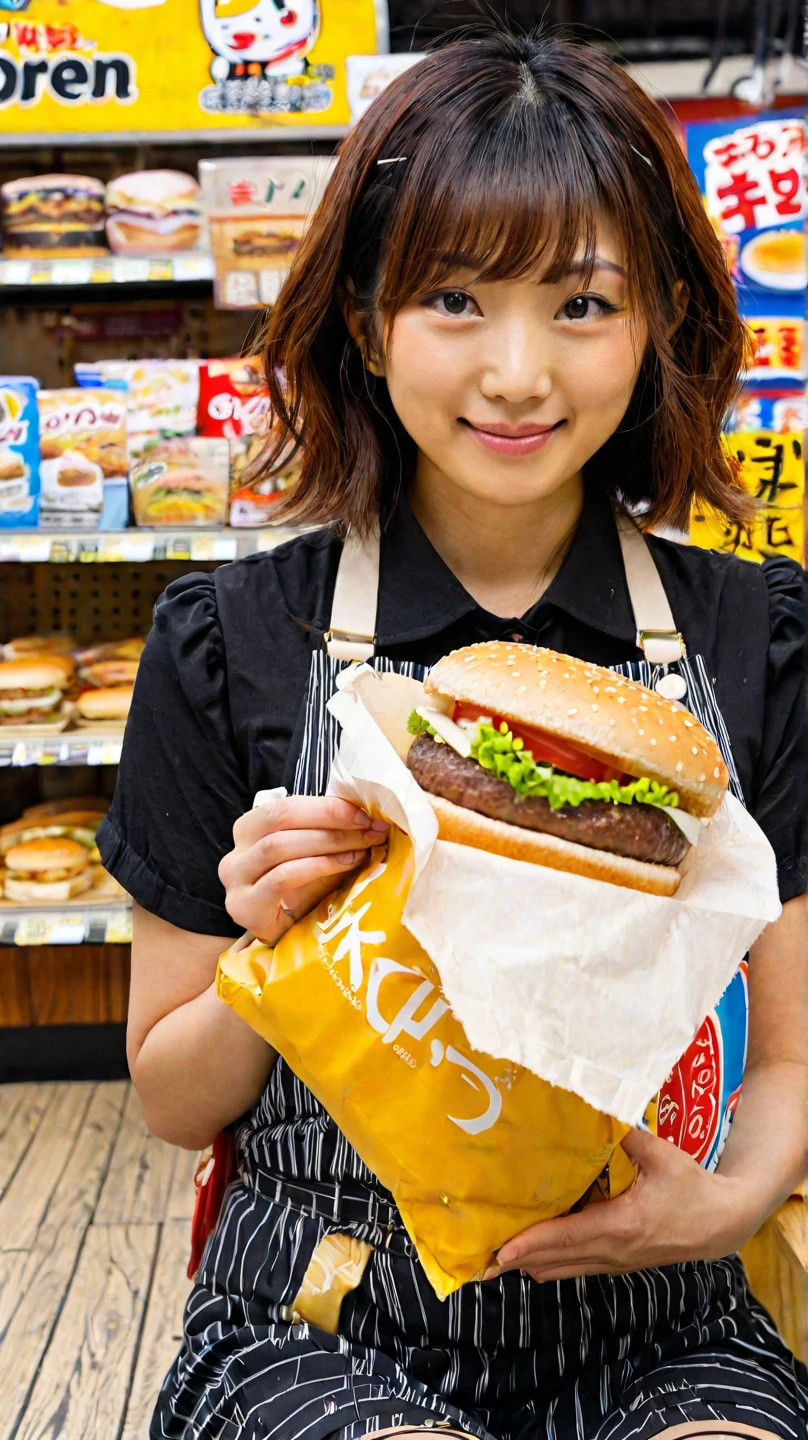 arafed girl holding a hamburger in front of a shelf of hamburgers, super realistic food picture, realistic anime 3 d style, eating burgers, realistic anime artstyle, realistic art style, anime food, girl in real life, realistic, serving burgers, realistic young girl, eating a burger, photorealistic girl ,