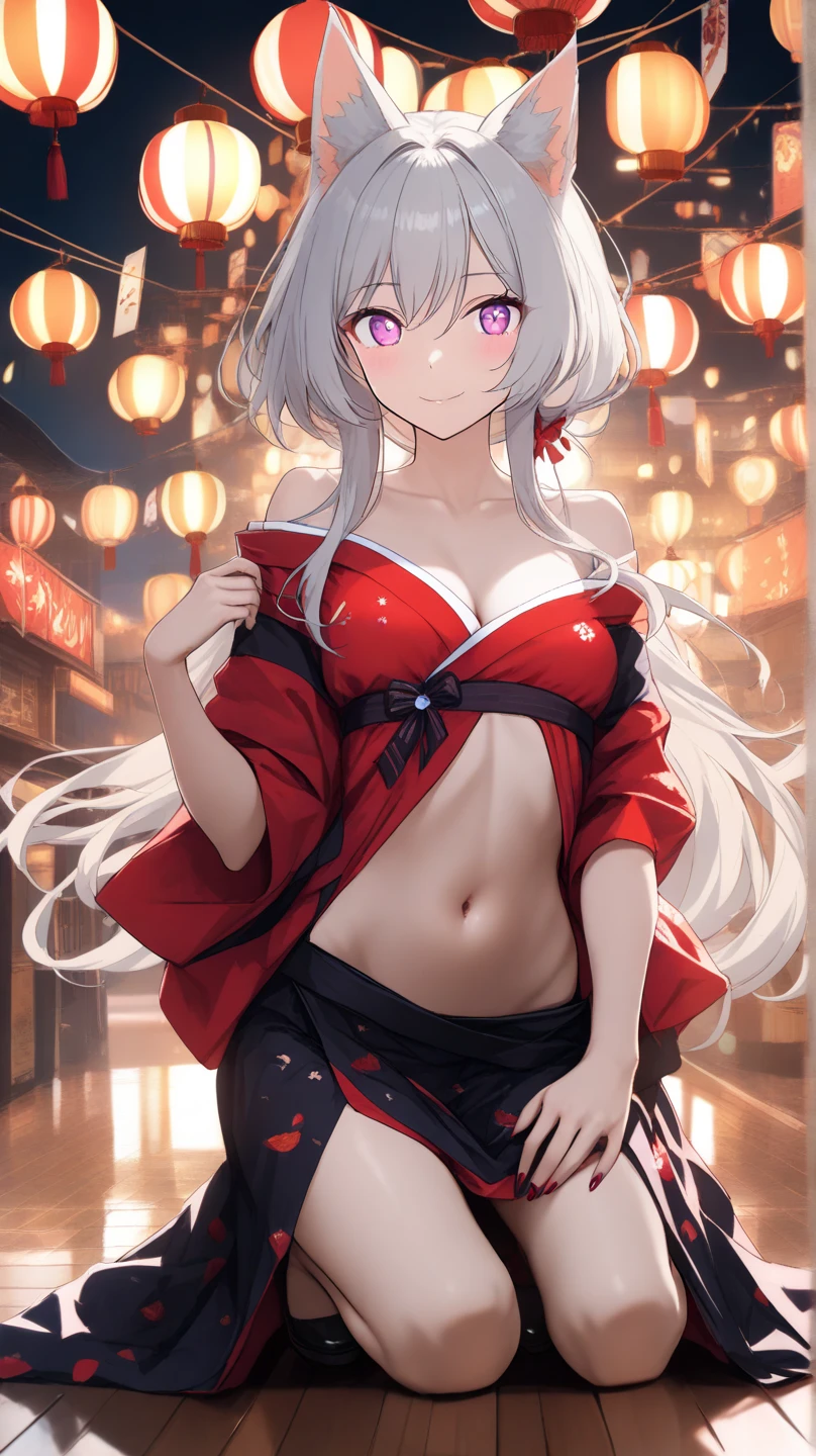 1girl, wet, night, starry_sky, star_\(sky\), wet_clothes,school uniform,((cowboy shot)),pale skin,wet skin,navel,((underboob)),night_sky,building, long_hair, solo, sky, red_eyes, elf, pale skin,braid, wafuu, silver_hair, traditional japan, breasts, house, looking_at_viewer, wet_shirt,pleated miniskirtbare_thighs,bare_waist_red_hakama,miko, japanese temple, very_long_hair,((gohei))