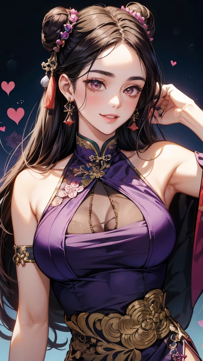 A beautyful girl，crisp breasts，cleavage，slender leg，Big breasts Thin waist，Wearing a black lace dress，Purple lace，Long coat，Purple cape，Skin texture，White flowers，Black hair, long eyelasher, Fake animal ears, Light smile, Fang, Purple hair, Black hair, pony tails, double tails, Very long hair, widow peak, Hair ribbon, maid headdress, flowers in head, Heart-shaped pupils,Purple eyes, Charming purple eyes，Pink eyes,  grin, Naughty face, Light blush, chin grab, shadowing, stereograms, tachi-e, Atmospheric perspective, hyper photorealism, 8K, Super detail, ccurate, Best quality, A high resolution, High quality, Anatomically correct, 巨作