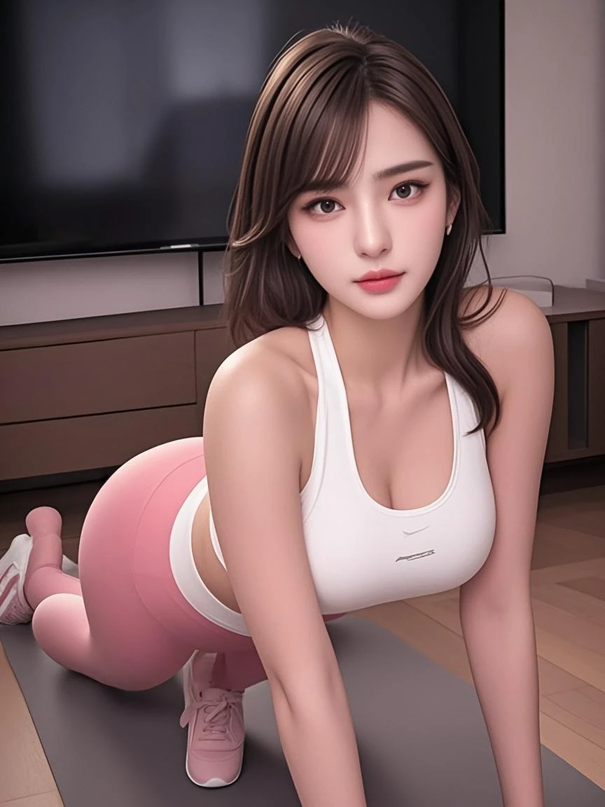 8k, highest quality, ultra hd, quality, ultra hd, outdoor, detailed background, masterpiece, anatomically correct, detailed face, detailed face, 8k, masterpiece, highest quality, ultra hd, best Resolution, 1 female, single, 1980s pop culture anime style, yoga pose, 21 years old, (masterpiece, high resolution, detailed) outdoors, Japanese, sweating, short cut, ponytail, (photorealistic): 1.4), (Famous Japanese actress: 1.2), very beautiful, cute, professional photo, very delicate and beautiful, very detailed, very detailed beautiful girl, very detailed face, very detailed eyes, Very detailed skin, very detailed fingers, very detailed nose, very detailed mouth, perfect anatomy, realistic body, fair skin, shiny skin, slender body, good figure, looking at camera, smiling , cute smiling face, professional lighting, , fills the screen from head to buttocks, hve head, side showing, yoga pose, female, small face, white skin, , beautiful eyes, , Highlights: 1.2), Beautiful legs, (Detailed face and iace:1 2), Almond eyes, (Ponytail), (Oval face: 1.4), (Realistic skin texture, Realistic)), ((Detailed face, round face contour, yoga wear, tops, yoga pants, white yoga leggings), (yoga beauty sitting on a yoga mat by the lake), sunrise, canon 6d, perfect body, sweat legs, wet clothes,, focus on the face, navel ,Smile,Big eyes,Excellent anatomy,Realistic light and shadow,Sweaty,
