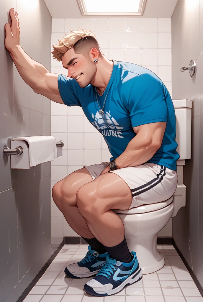 Naked muscular hairy handsome man sitting on toilet waering flip flops relastic image high quality