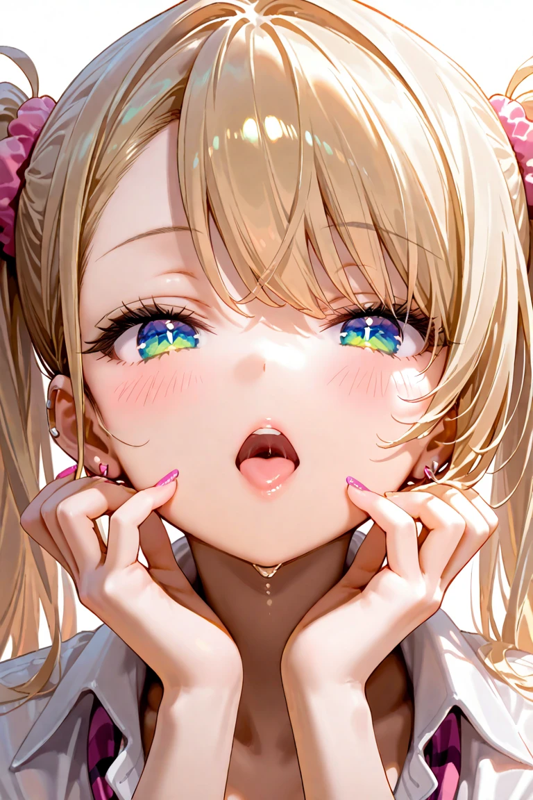 6 year old Japanese girl,Heart Eyes,Close-up naked upper body, open mouth, drooling, full face, cumshot, excited face'Eyes wearing silver-white mirrored lens sunglasses、I looked at the world reflected in the lenses of my sunglasses...(Side Pony,Colorful Hair),