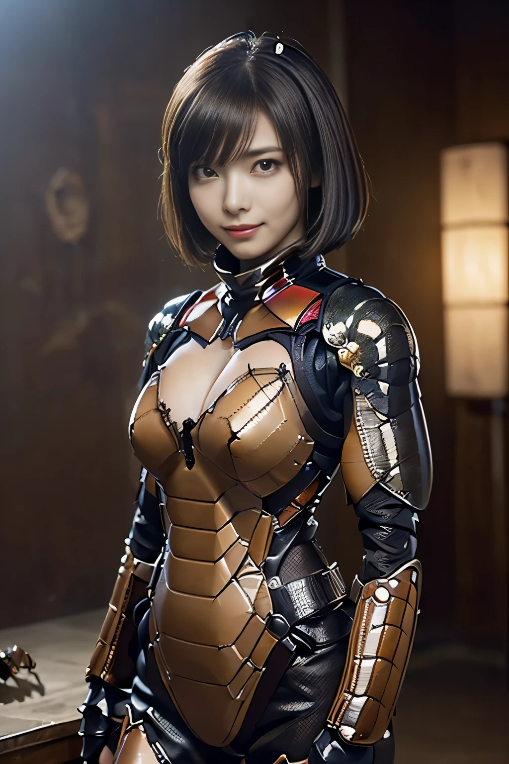 (High resolution,masterpiece,highest quality,Very detailed CG, anime, official art:1.4), realistic, photograph, amazing detail, all complicated, luster and luster,great many layers, 8k wallpaper, 3D, sketch, cute, figure,( alone:1.4), perfect female proportions,villain's daughter, (Fusion of dark brown cockroach and lady:1.4), (brown cockroach form lady:1.2), (brown cockroach woman:1.2), (Fusion:1.2), (alone:1.4), (evil smile:1.2), muscular, abs, (Cockroach brown exoskeleton bio insect suit:1.4), (Cockroach brown exoskeleton bio insect armor:1.2), (brown transparent cockroach feathers:1.4), (brown cockroach antenna:1.3),