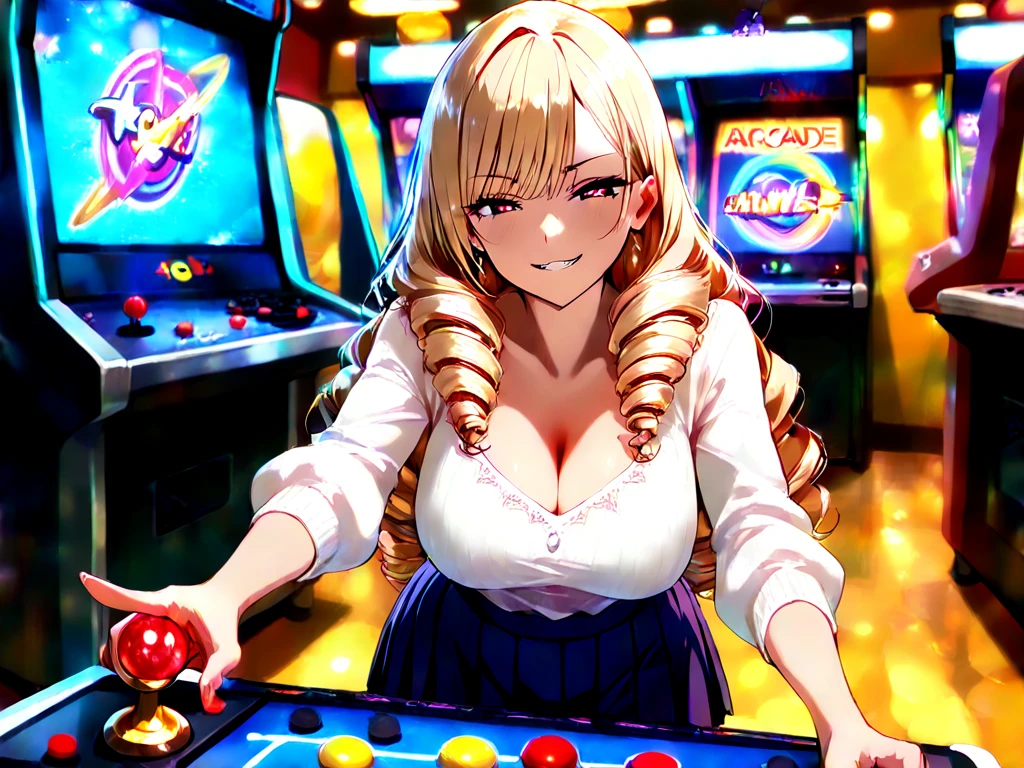 extremely detailed, detailed hair, intricate details, finely detailed, [[soft lighting, volumetric lighting]], 1girl, (solo:1.2), looking at viewer, close-up, medium breasts , (frilled camisole, vest), , (alternate hairstyle ,wavy hair, flipped hair , mohawk, colored inner hair ,aqua hair), smile, sweat,, dark skin, blush, hoop earrings, A lively, neon-lit arcade filled with vintage games and a nostalgic atmosphere , <lora:JLullabyV2LOLv1adaweight-000005:1>