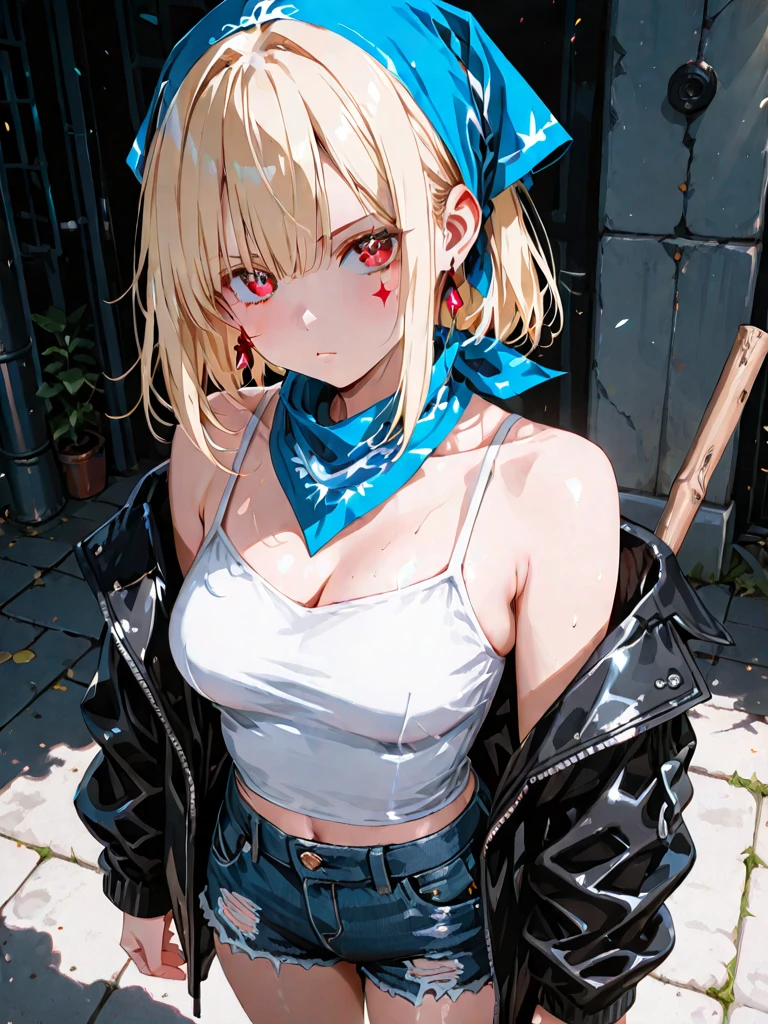 (((Sketch))), ((water colour)), Long blonde hair, Straight hair, hair between eyes, ((Red eyes, gleaming eye)), Large chest, (Large hips), Bare shoulders, pervert smirk, Short sleeves, ((torn sleeves)), ((ripped crop top)), ((torn thighhighs)),(((Pelvic curtain))), cuff, chain, shackle, Handcuffs, Chained, bound wrists, Cutout, ((Choker with chains)), (((slave tattoo))), Torn clothes, Lips,