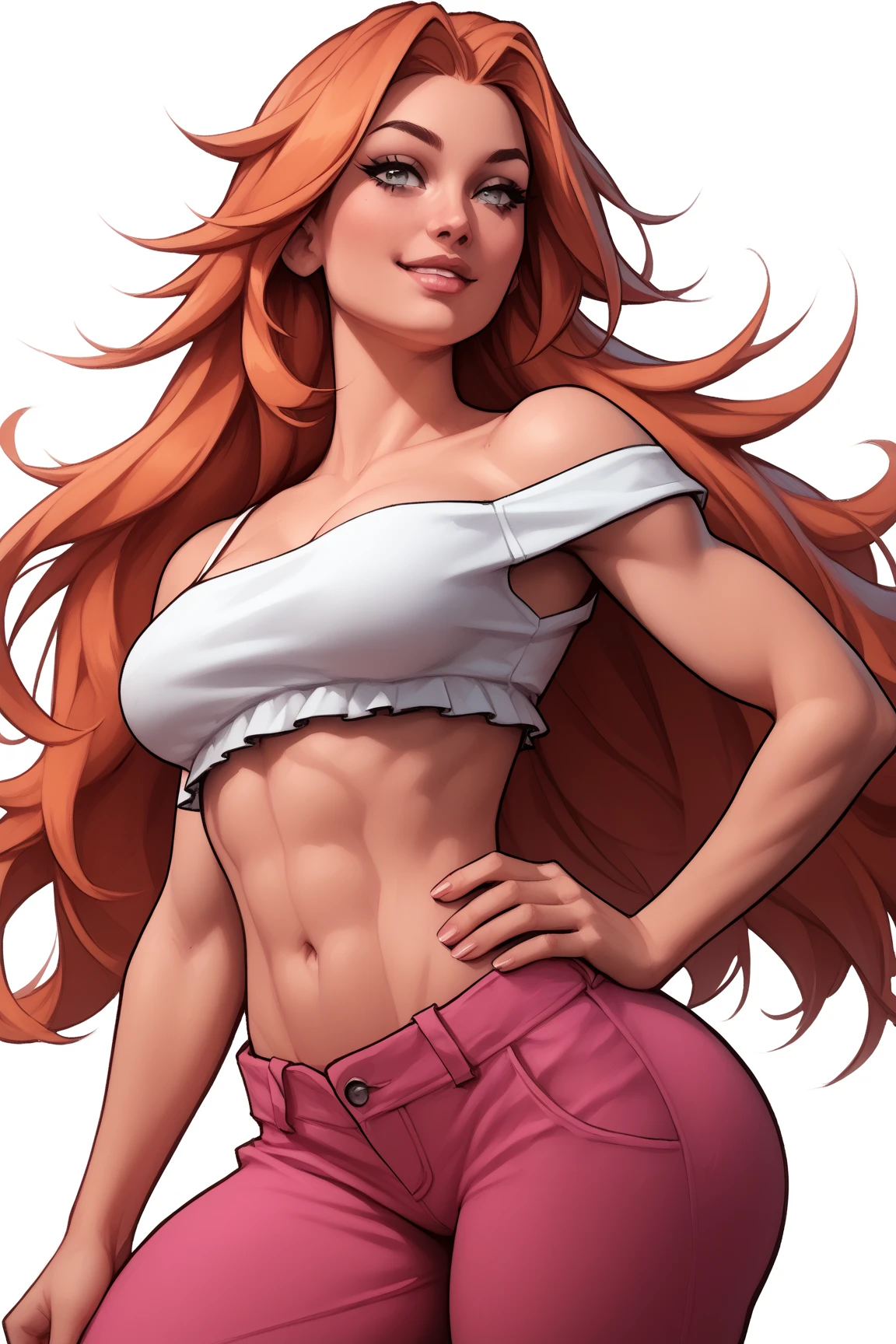 1girl, solo, amazonian, muscular, buff, bulky, massive, broad, red hair, broad shoulders, huge breasts, wide hips, thick thighs, happy, playful, denim cutoffs, bikini top, barefoot, tail, facing viewer, incase,