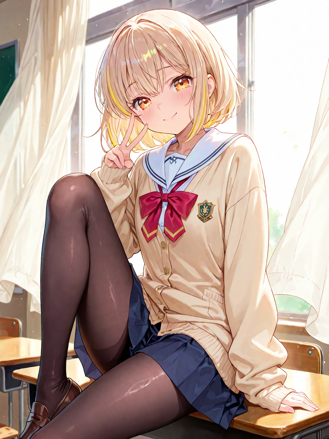 (Highest quality), (masterpiece), 1080p, High resolution, 4K, 8k, suspenders, Maruka Higuchi、higuchi_Madoka、Mature Japan、1 person、thin and thin legs、The whole body from head to foot、Sit on、、(black_pantyhose):1.2)、Showing white panties through stockings、Very beautiful 17 year old girl, Innocent big eyes, (brown_short_hair),,(前hair),dishevled hair,(hair clips),A slight blush, alone, Looking at the audience, Showing white panties、Flip up the skirt、Skirt flip、pull up the skirt with your hands、Show your underwear、Show off your pants with your own hands、Panty shot、Wide-open legs、Panties digging into the crotch、 Spread your legs、Spread your legs、High school uniform white blouse、High blue ribbon、Navy high pleated skirt、 spread legs, legs up, sole