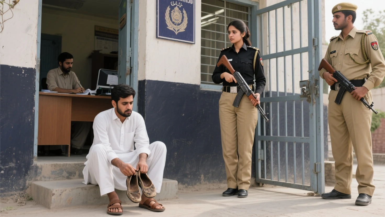 School Muslim female teacher and school poor male guard talking each other in front of school