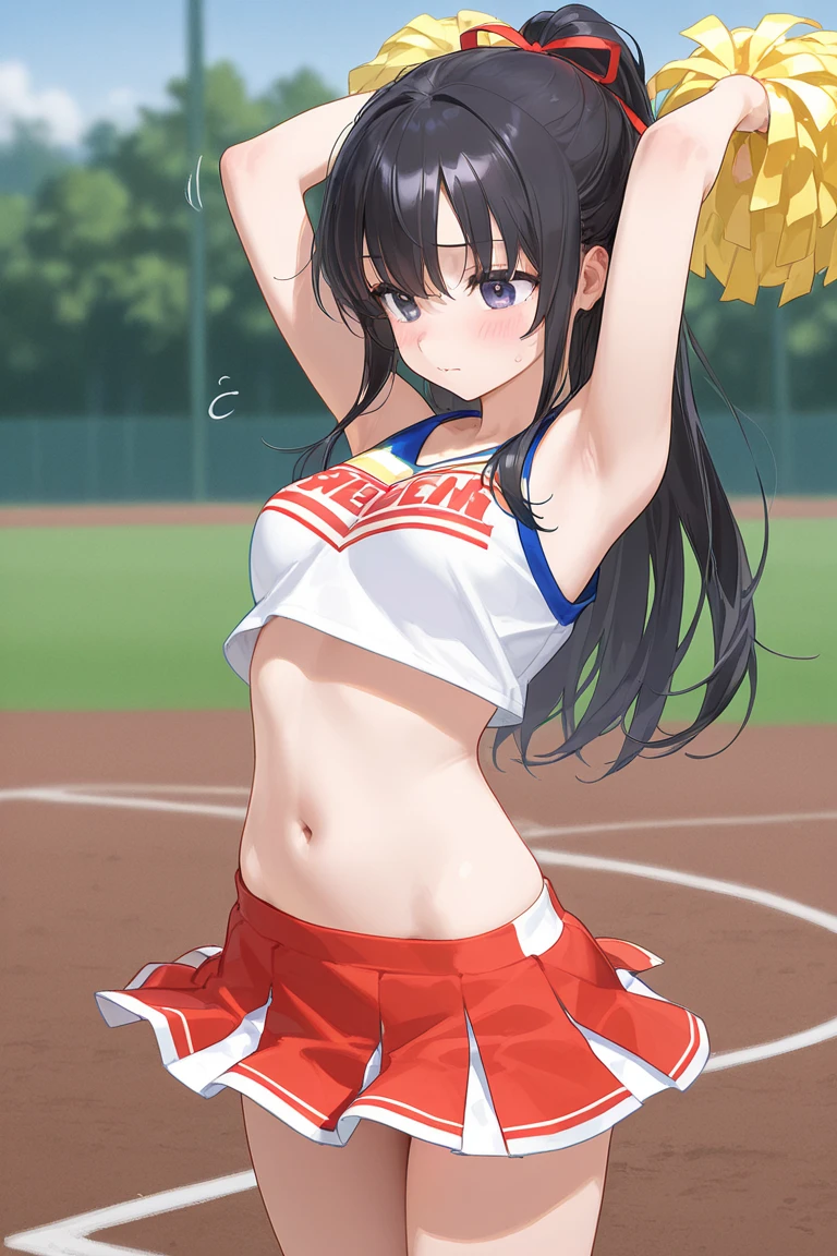 masterpiece, best quality, highly detailed, ultra high res, ayase arisa, 3girls, (mutiple girls), hair ornament, twintails, curly hair, side ponytail, glossy lips, cheerleader, looking at viewer, school field, medium breasts, halter top, (upset), (sinking in mud)