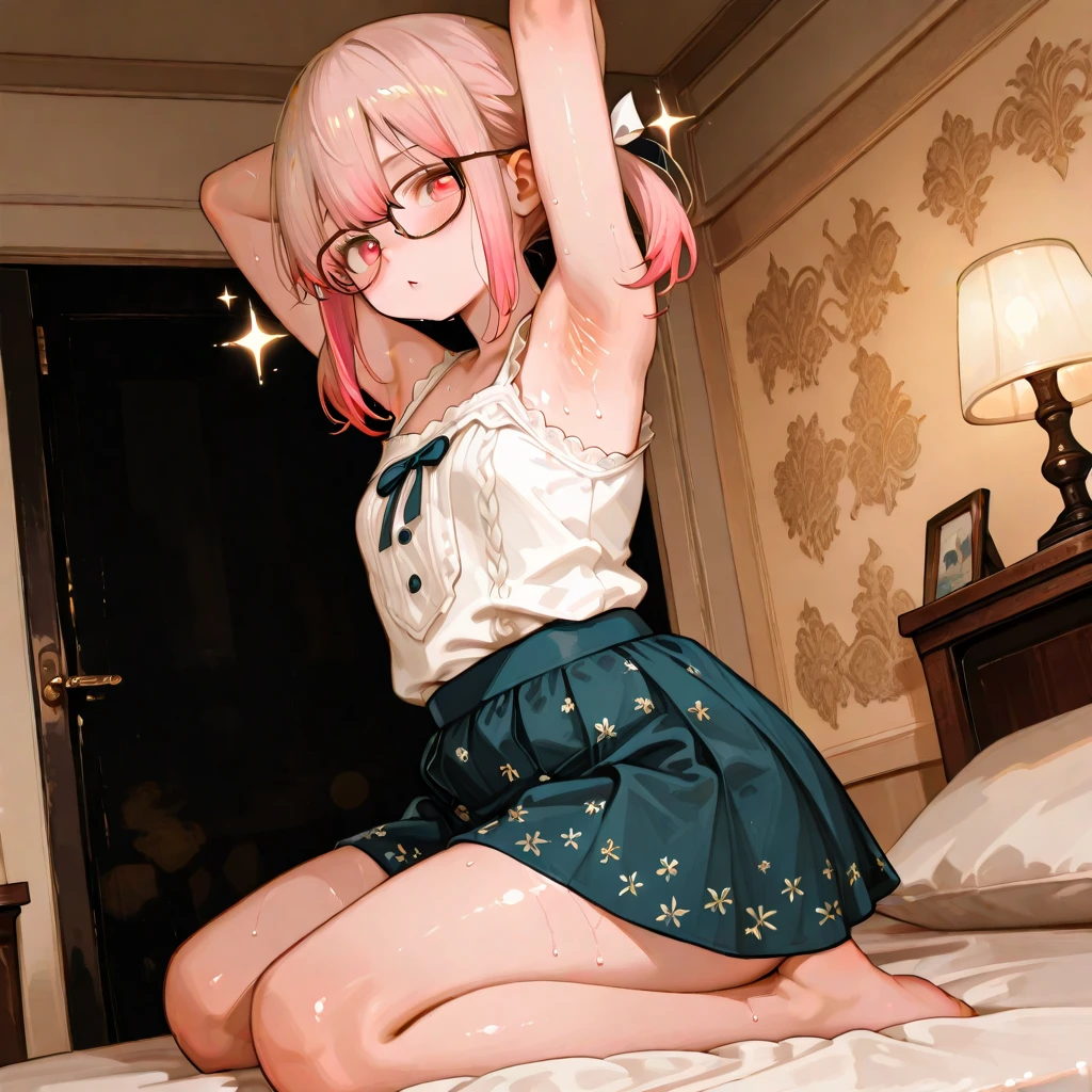 Pretty with glasses, plump thighs, sitting on the floor, blushing, bare abdomen and completely flat abdomen, heart-shaped pupils, satisfied face with tongue out, small breasts, hair of different sizes and styles, transparent nightgown completely attached to the body, open pores, small underwear