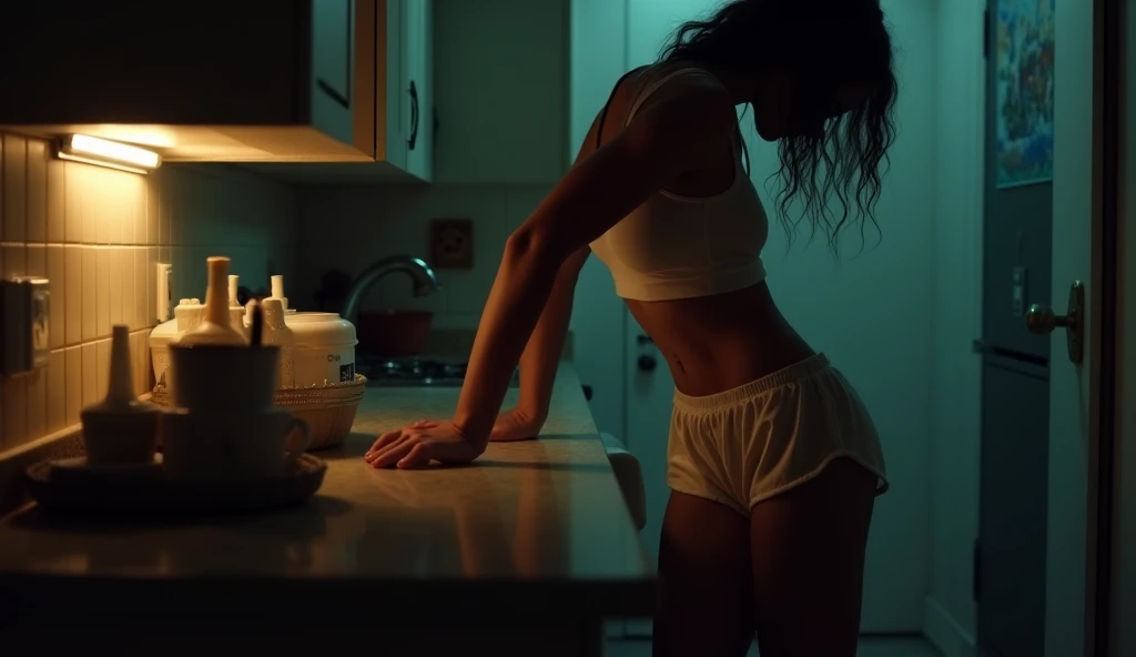Abandoned school building scene, Resident Evil, best quality, full body portrait, delicate face, 18-year-old girl, slim body, small bust, white transparent bikini, cameltoe, looming, facing the camera, bent over, spread legs, view from behind, small ass, full of garbage, greasy, sweaty, dirty and dilapidated