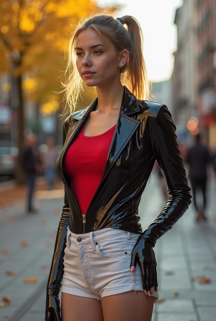 full body sensual woman (Margot Robbie), with a red sleeveless polo shirt, with black leather pants, leather boots, with long blonde hair, and blue eyes,wide waist, slim waist, long slender thighs, leaning against a wall in a city alley full of graffiti with skull drawings, on a night of light rain