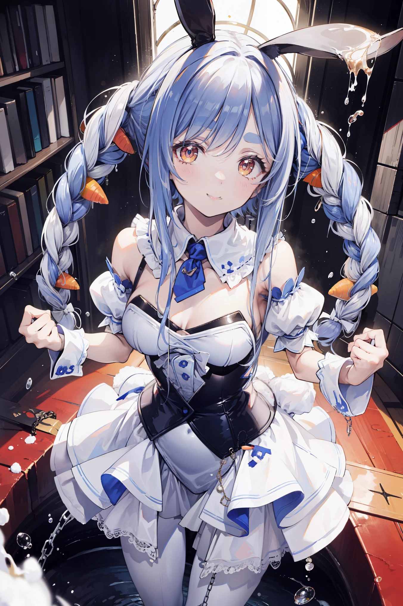 masterpieces, best quality single product, , 1 girl, Ultrafine, illustration, Indoor, Smile, cowboy shooting perspective, gold necklace , White punches , white pantyhose, white wristband, Double chain drops , fake animal ears, With sleeves, costume cut , Rabbit ears, white milk all around,Liquid Splash