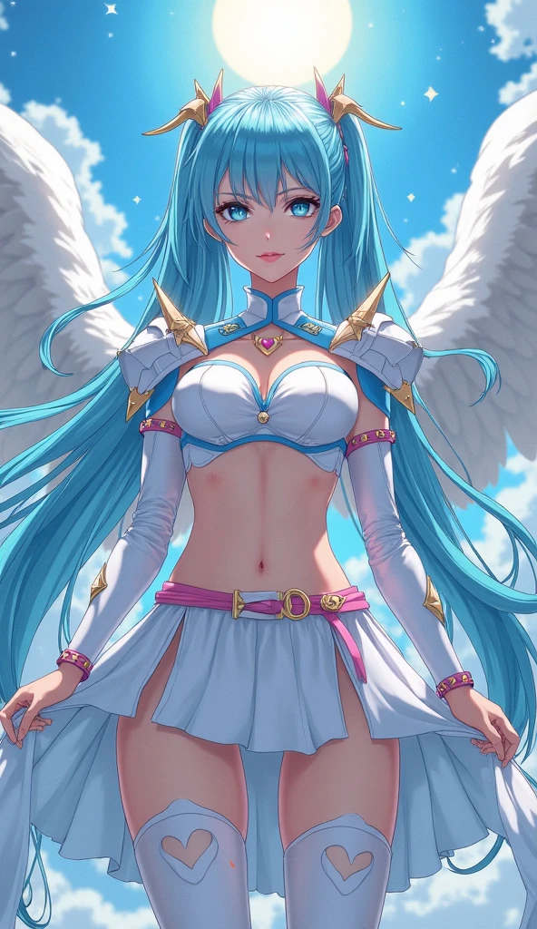 Super Idol　a beauty girl　A charming smile　sky blue hair　length hair　Twin-tailed　white and red、blue and yellow、verdant、pink there、A frilly leotard costume you&#39;ve never seen before、Looking at the camera　The angel has 7 large rainbow-colored wings、Fantasia　constellation　a moon　Crystal Brilliance　Aurora Borealis in the Night Sky
