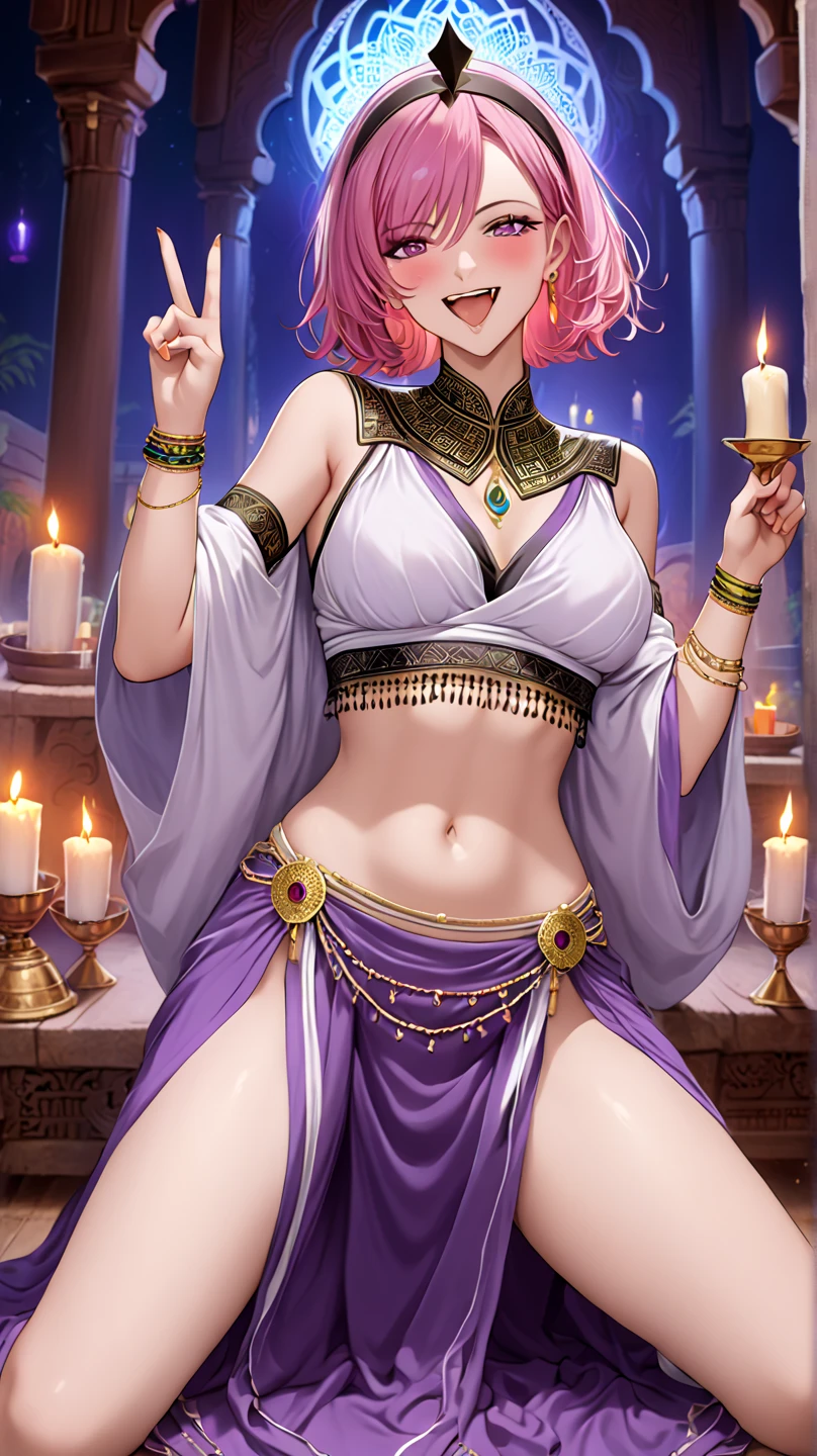 masterpiece, best quality,8k wallpaper, nishikino maki,off shoulder dancing suit,arabian clothes, jewellery, necklace , purple eyes ,big breasts , standing ,naked thighs , naked hips,((dark sky with shining stars in background)), cowboy shot 