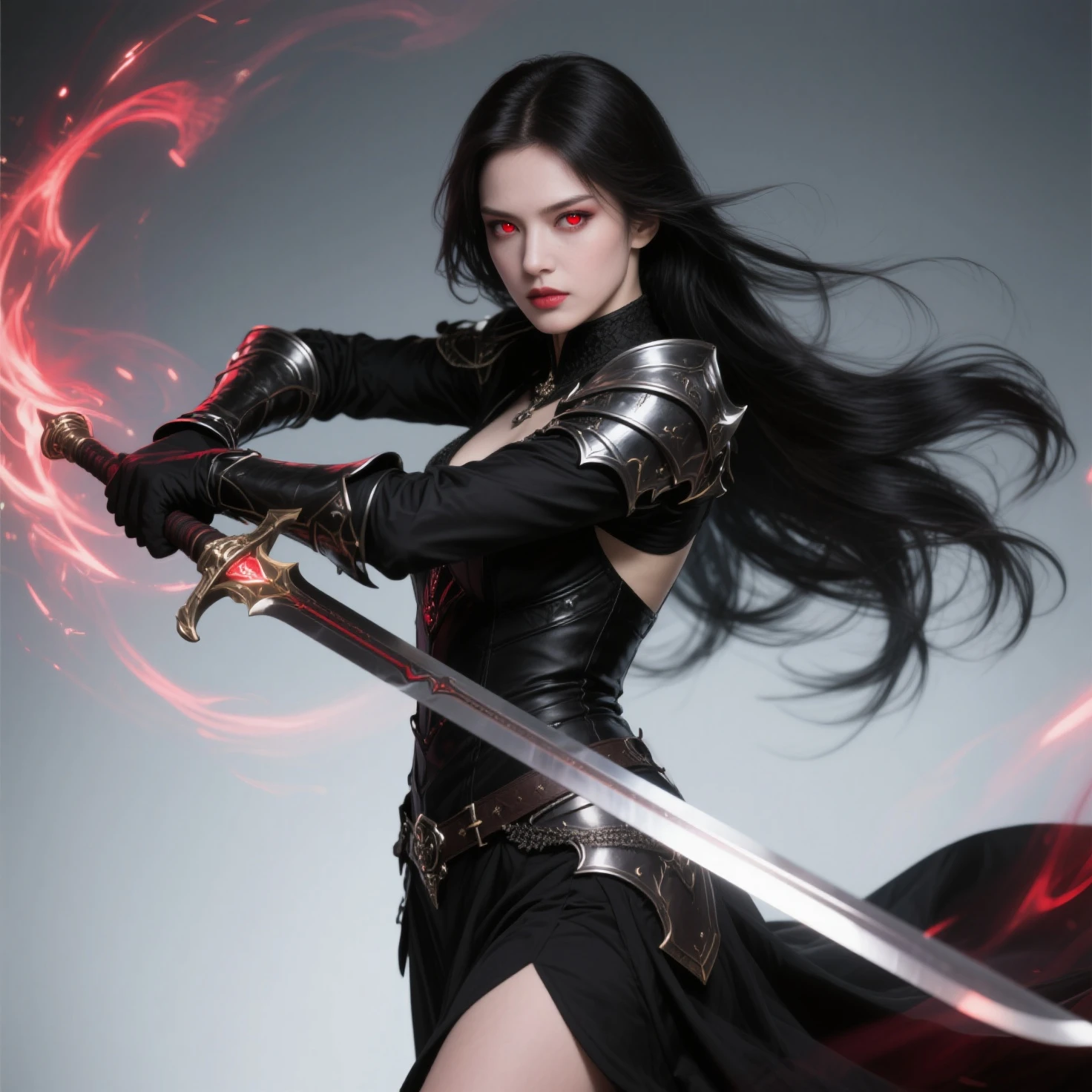 gothic vampire woman with armor and sword in victorious pose
