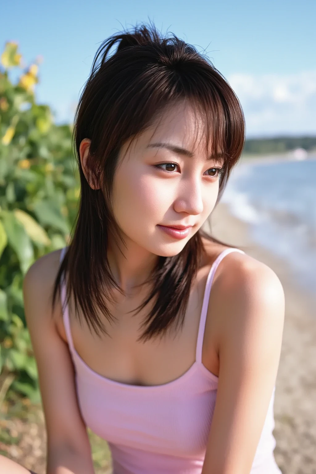 ((from below:1.5)), ((whole body:1.5)), (ultra detailed), (masterpiece), (best quality), Highest quality, Realistic, Surreal, Highest quality, Extremely detailed CG, Very delicate, 16K wallpaper, High resolution, 1 Girl, 43歳の日本people女性, (small eyes:1.5), ((Two very small moles on my right cheek:1.5)), (Skin dents), Medium Chest, (white cinematic lighting), (Beach:1.5), (Sea and sandy beaches:1.5), people々, (beautiful long straight hair:1.5), (bangs:1.5), ((Knit-Bikini:1.5)), (I wore it:0.8), Nice, bloom, Floating Hair, (Dynamic pose:0.6), BREAK ((in the night:1.5)), Beautiful moonlit night sky, (Shy Smile:1.2), Thin lips, slim, (Highly detailed face), (Highly detailed facial expressions), (Face the front completely:1.5), ((Looking into the camera:1.5)), Slender body, Large file size,