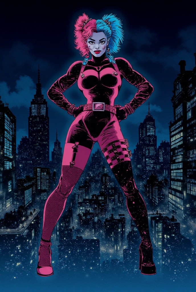 closup view of a woman, in middle of a crowd, protest, day time, outside, city street in background, pale blue eyes, detailed short pink hair Short Side Comb haircut, exited expression, black lipstick, small tits, wearing a blue swimsuit, blue gloves, blue tall boots, blue cape with collar, comic book style, flat shaded, prominent comic book outline linework