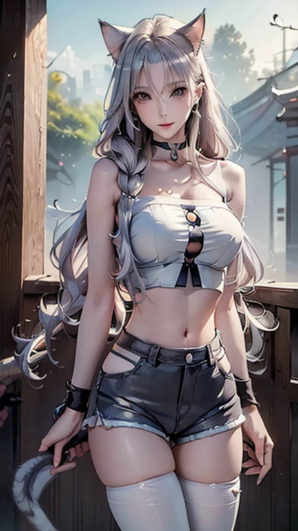 finely detailed beautiful eyes, overhead view, high quality, beautiful face, 1 woman, side view, side silhouete, wide shot, white crop top, leather short shorts, black shorts, oversized leather jacket, open shoulders, silver hair, large breasts, long hair, wide hips, leaning to the side, street, background, detailed background, abs