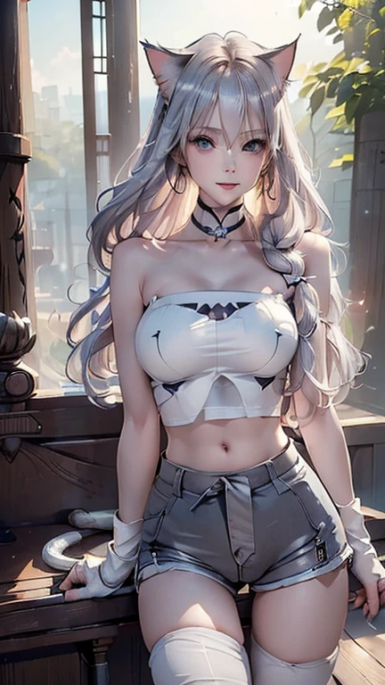 masterpiece, maximum quality, ultra high resolution, 8k, Anya Taylor-Joy, white hair, full body, alone, thin, very detailed face, incredibly identical face, detailed eyes, mischievous smile, cheerful, smooth and soft pellet, wide hips, thick thighs, wearing a micro shorts and strap blouse, realistic photo,