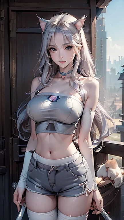 young girl, cheveux gris courts, gray eyes, high ponytail, cyberpunk, white top, open belly, shorts, fur coat, masterpiece, high quality, silver wolf,(huge breasts:1.2),wet skin((rogue))