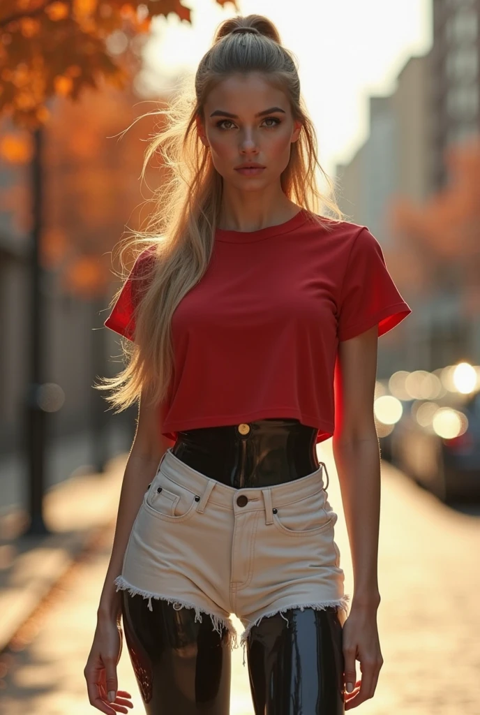Caucasian woman, blonde hair, wavy hair, long hair, braided hair, green eyes, lined eyes, red lipstick, athletic slim body, small breasts, (red t-shirt:1.5), tight low rise jeans, (ass cameltoe), necklace, earrings, bracelets, on the street, (distant photo), ((from the back)), buttocks, ((Shot from below)).