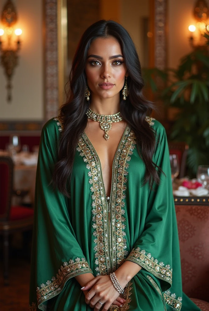 The AVN Award for deep V-neck blouse BOOB cleavage OF Sultry Plus-Size Exhibitionist Amorous voluptuous MILF with Boob Cleavage Breasts: The adult costume features a stunning green saree with rich golden detailing, elegantly draped over one shoulder. The soft silk fabric adds a luxurious touch, enhancing the wearer’s curves and the allure of their deep V-neck blouse. The saree is styled to showcase a blend of traditional grace and modern sensuality, complemented by long flowing hair that cascades to the waist. In the background, an Egyptian sarcophagus with intricate blue and gold designs adds a mystical and historical element to the scene.