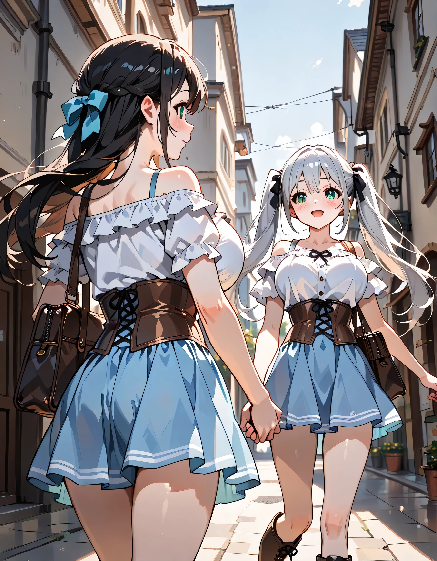 ((ultra-detailed)), (highly detailed CG illustration), (best quality:1.2), ultra-highly detailed, colorful composition, artistic photoshoot, 2 girls, duo focus,cowboy shot, moe anime character, 2 girls, dainty facial structure, baby face, round face, rounded chin:1.2, ideal ratio body proportions, Marika, Sena, back to back pose, silver hair:1.3, black hair:1.3, twin tails, black hair bow, black hair, long hair, swept bangs, half updo, aqua eyes, orange eyes, (round glasses:1.3), (thick eyebrows), T-shirt with lightpurple, bustier with pink, mermaid skirt with lightbrown, brown boots, shoulderbag, off-shoulder with bluepurple, culotte skirt with beige, brown boots, shoulderbag, perfect feminine figure, anatomically perfect, beautiful detailed faces, huge breasts, radiant smiles, playful postures, matching outfits, peace signs, winking, cheerful expressions, Walking the streets of Roma, Roma cityscape background, Walking holding hands, vibrant colors, cute aesthetic, friendship theme, dynamic composition, smile:1.3, happy:1.3, joyful:1.3, from side, best quality, masterpiece, expecting, pink cheek, blush, light pink gloss slip, portrait, depth of field, poured sunlight, sidelighting, shine, lighting, caustics, ray tracing, perfect face, lustrous skin, highly detailed face, highly detailed eyes, perfect face, perfect nose, perfect hair, perfect eyes, perfect anatomy, beautiful hair, beautiful small face, extremely detailed face, beautiful detailed eyes, beautiful clavicle, beautiful body, beautiful huge breasts, leavage, breasts squeezed together, equalize the size of the left and right breasts, beautiful thin thighs, beautiful legs, beautiful fingers, 4 fingers, 1 thumb, lovely, (very detailed background:1.0), (highly detailed background:1.0), intricate details, joyful atmosphere, colorful and sparkling colors palette, chromatic aberration