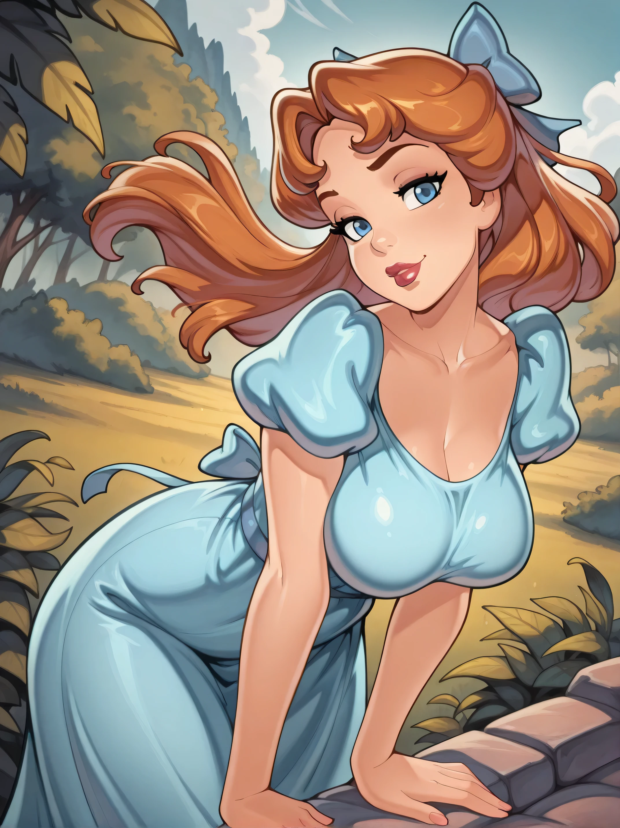 highres, hi res, best quality, masterpiece,
1girl, (WendyXL),, (puffy sleeves, blue dress, short sleeves, hair bow:1.1), brown hair, blue eyes, lipstick,
dutch angle, naughty pose, extreme_macromastia, bigger bust than normal, giant natural hyperbreasts, looking at viewer, outdoors, solo, dynamic pose, cowboy shot, head tilt, v, leaning forward, floating hair,,
,,reiq,