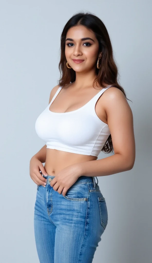 A stunning photo of an Indian beautiful woman, bollywood actress tamanna bhatia, ultrarealistic glamor photo of swti woman, outdoors, realistic skin texture, looking looking at camera, blue jeans, white turtleneck, dynamic pose, simple white background, alone, Attractive mature appearance, Detailed and accurate, Blake, a lovely look of disgust., Mischievous Smile, blush, ARW, Cute embarrassment, Her navel is subtly showcased, drawing attention to her toned physique. Deep cleavage, Perfectly symmetrical eyes sparkle with joy, framed by hyper-realistic skin texture that seems almost tactile. Soft, rim ambient lighting illuminates her features, as if bathed in the warm glow of a setting sun. Shot on high-end DSLR equipment, this 8K image boasts film-like grain and exceptional quality, capturing every detail with Fujifilm XT3 precision.
