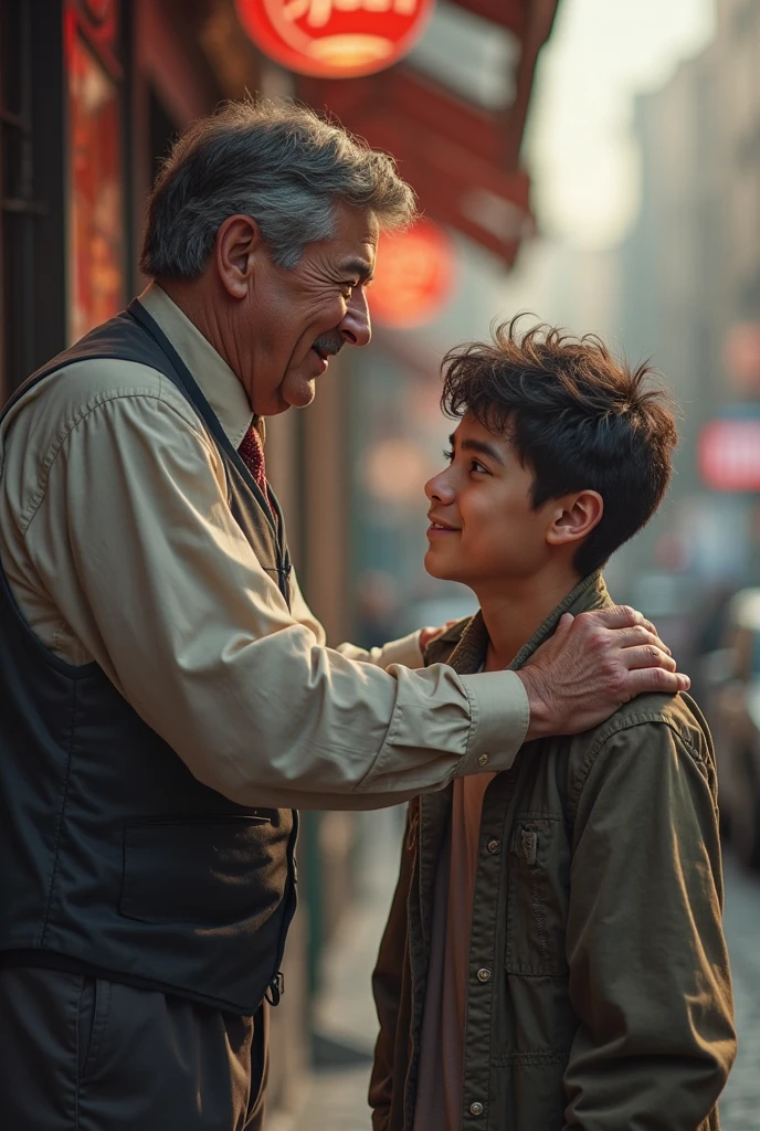 A boy passing an old woman on the street
