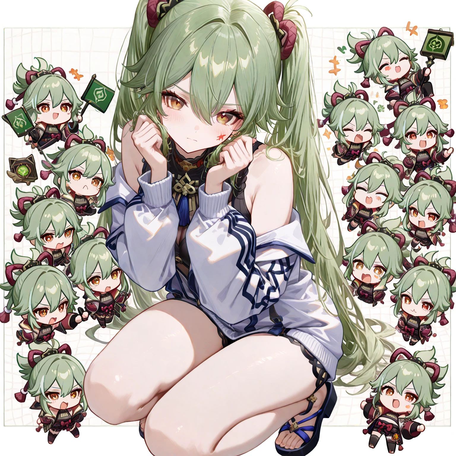 (masterpiece, Highest quality, fully completed:1.4), 4k、(grid view)、collage art、kuki shinobu (genshin impact) 、Uneven sections of the frame、anime style、focus on face, full body image、female、short、 、green hair color、various expressions、joy, anger, sadness, and happiness 、chibi, Cute