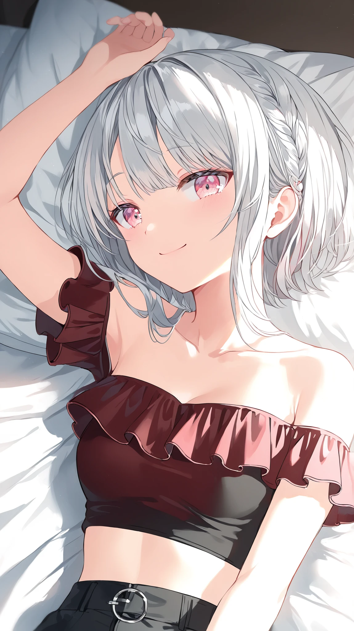 korean young woman, long silver hair with little bit of white hair made into elegant and cute hairstyle, light pink eyes, small round face, cute smile, small breasts, wearing dark red off-shoulder top and black jean shorts, background is her room of her apartment, she is laying on her bed