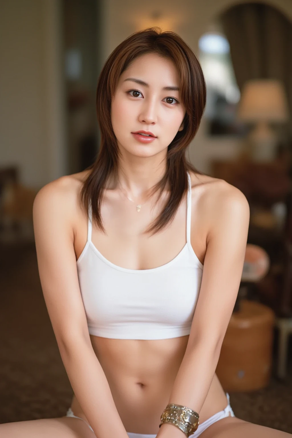 (masuter piece:1.3)、(in 8K、Photorealsitic、Raw photography、top-quality: 1.4)、(1girl in)、beautiful countenance、(Lifelike face)、(Brown hair、short-hair:1.1)、Beautiful hairstyle、realisticeyes、Beautiful details、（real looking skin）、Beautiful skins、Tank Tops、enticing、超A high resolution、A hyper-realistic、high-detail、the golden ratio、About 30 years old、Slouched、breasts looking、Have sex appeal、raise two hands、Show the armpits