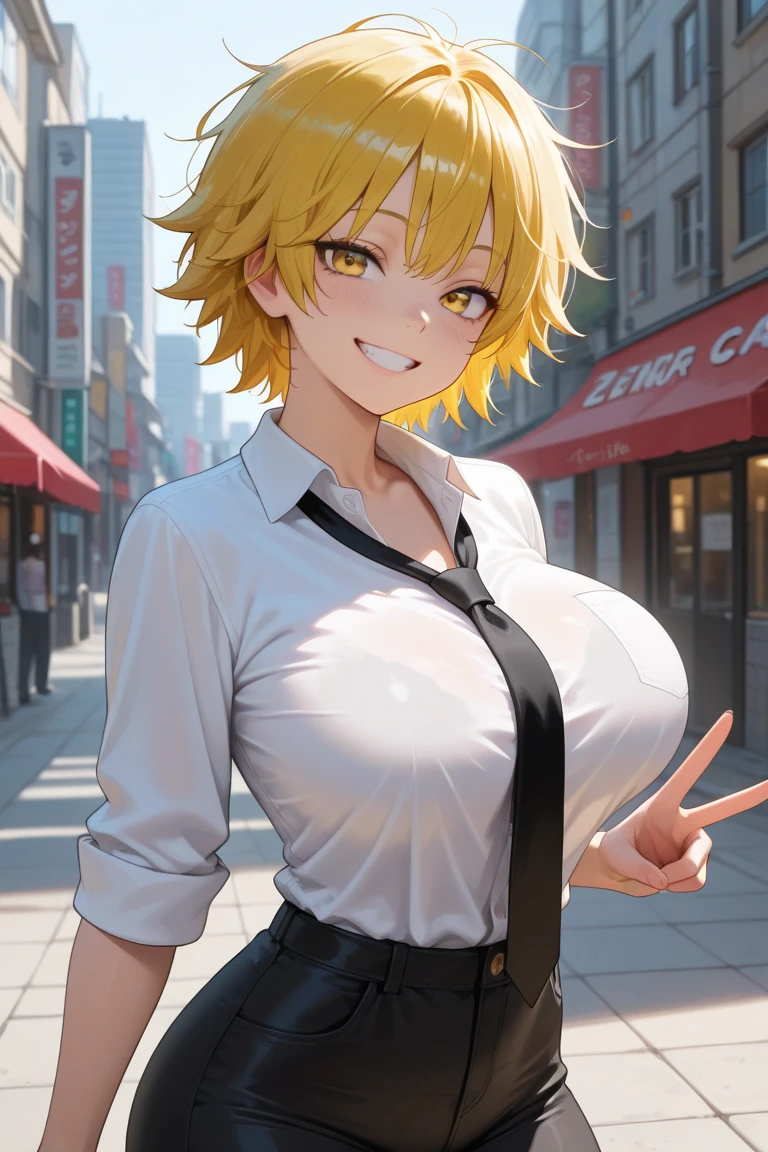 {masterpiece, distinct_image, extremely detailed CG, (extremely detailed fine touch:1.2), (natural light, sun light, light rays, dappled light, ray tracing:1.2), beautiful eyes and detailed face,realistic, photo realistic, 4k, 8k, high_resolution,perfect_finger, (beautiful_detailed_eyes:1.3), glitter, yellow_light, (glow_yellow_face, front_light:1.3), summer_light{1girl, face_focus,cowboy_shot, looking for_in_viewer, front_view, standing, hand_on_own_cheek, (piece sign pose:1.5) },{adult, (huge_breasts, wide_hip:1.3), navel, skinny_stomach,tight_gap, groin, (white_short_sleeve_cropped_button_shirt, tied button shirt:1.7),( very short_black_knife_pleated_skirt, school_uniform, cleavage:1.4), (yellow_leopard_print_bra_over_a_white short_sleeve_button shirt:1.6), (tanning_skin, dark_skin:1.5), (pink_nails, gold earrings, black neck choke, white collar, multiple colored bracelets:1.4),(yellow_hair, pink_eyes, long_hair, side_ponytail, slanted_eyes, bangs:1.4), (smiling face:1.3), sweat, white background}