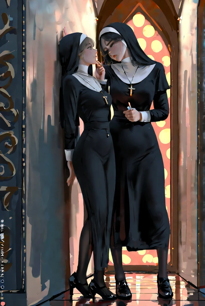 2girls, nuns, miniskirt, black hair, full body shot, lesbian, romance, clyde caldwell