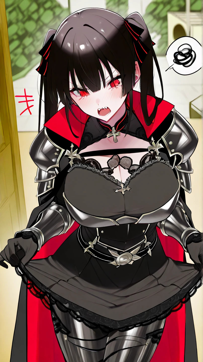 Iron bikini armor, iron crown, bare belly, big breasts, black hair, red eyes