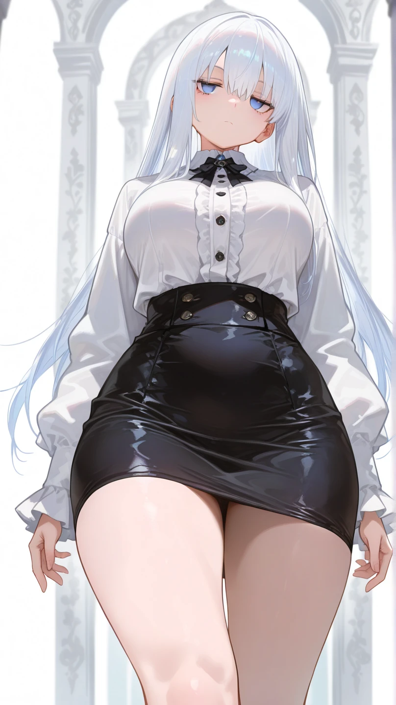 (solo), (416_GirlsFrontline), skinny girl, BREAK, (bursting huge breasts:1.4), narrow shoulders, narrow waist, (skinny long legs), arms behind back, BREAK, (dark purple jacket), (very short high-waist skirt), thigh gap, (black thighhighs), BREAK, smile for viewer, embarrassed, nose blush, open legs, (nsfw:0.6)