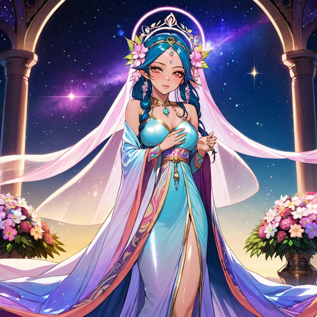 Yuna, Girl's Day, Haifa Wehbe, full body, nebula eyes, in iridescent greek robe, iridescent hair, prism, flower headdress, flowers in hair, long dress with train that trails elegantly behind, slender, wistful, crying eyes, veils, jewelry, elf ears, teary, wavy hair, dollish eyelashes, smoky eyes,