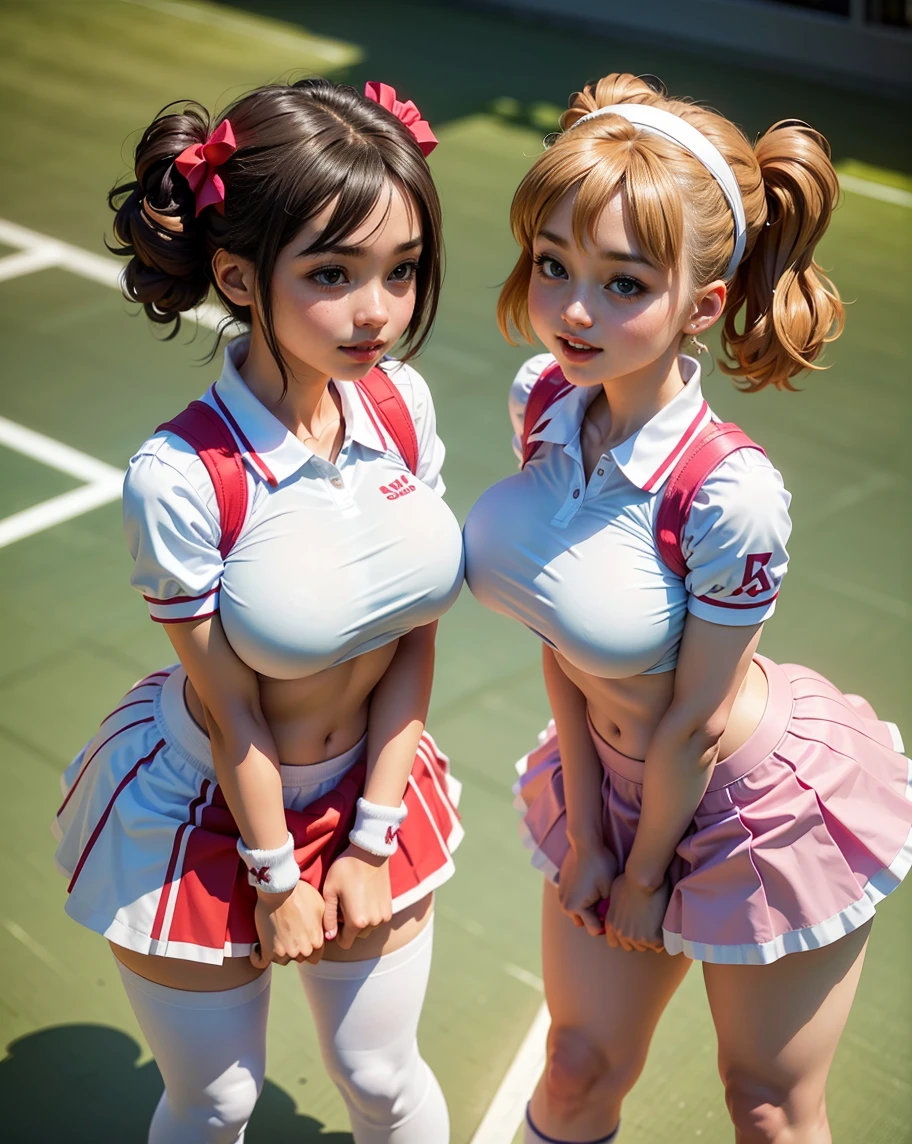 (photorealistic, extreme detail, perfect eyes, 8k, well lit faces, soft lighting) portrait of 2 japanese girls kneeling in classroom, looking up at viewer, view from above, open mouth, tongue out, full body view, (hands behind head), looking at viewer, red hair, pigtails, tank top, tight clothes, skirt, high socks, sexy, slutty, cleavage, big ass, curvy
