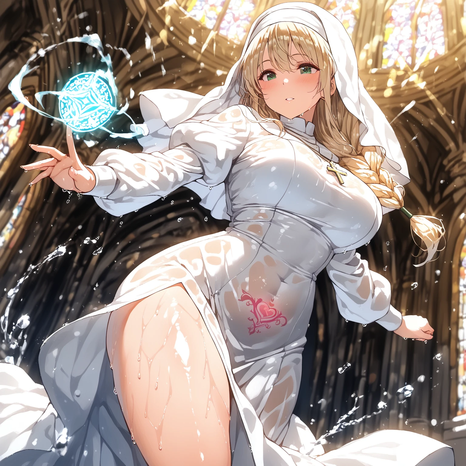 masterpiece, best quality, very aesthetic, absurdres, 1girl, mature_lady,nun_clothes,black_and_white_clothes, nun_headcovering crucifix, praying, interlocked fingers,closed_eyes,tears_in_eyes, head down,holy_light ,bathed in divine light,,blue_mary(fatal_fury), snk, the_king_of_fighters, 1girl, bare_shoulders, blonde_hair, blue_eyes, short_hair, bob_cut,,in balcony,blur background,background defocus,covered_pussy