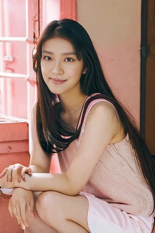 beautiful myanmar girl, tradditional dress, long hair, smiling, seat on the bench